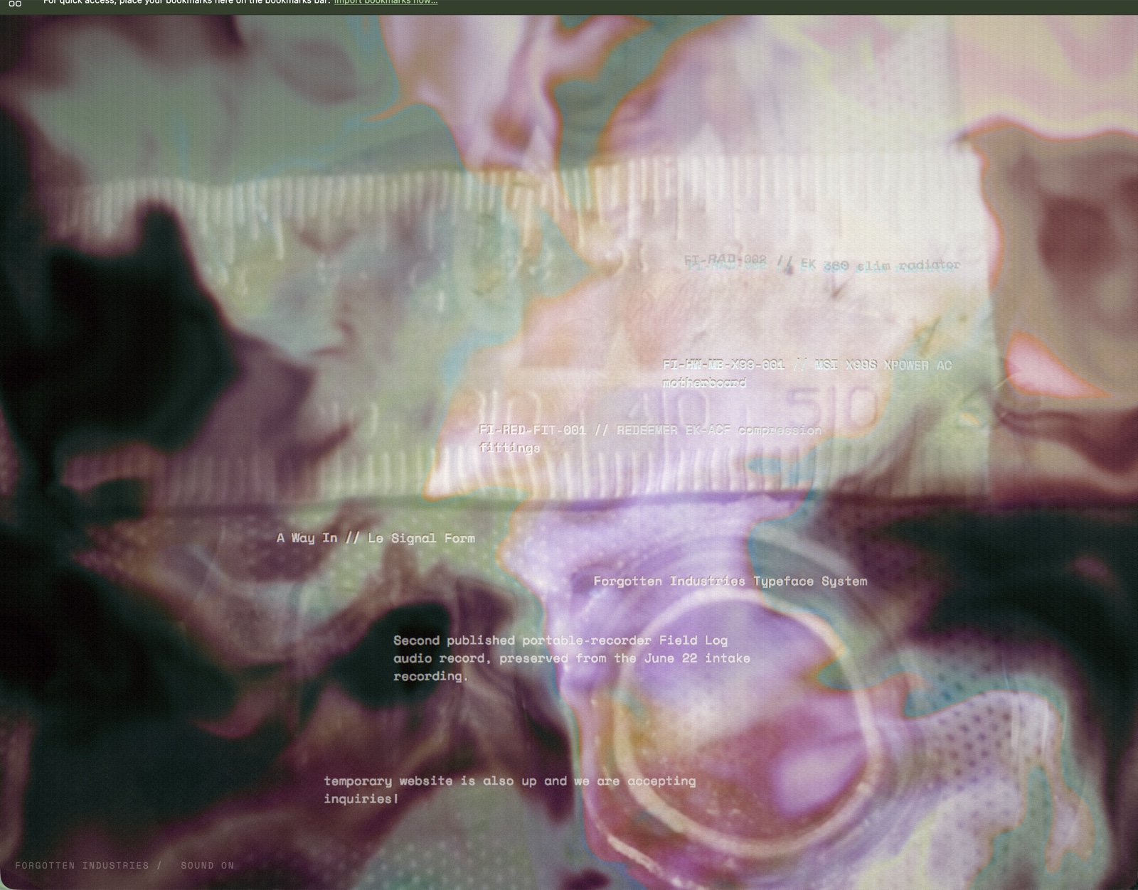 The ZOOT instrument rendering an oil-slick interference field over a radiator photograph, with archive record fragments legible in monospace type.