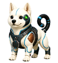 Atlas, the Archive Docent, a white Shiba archivist-engineer.